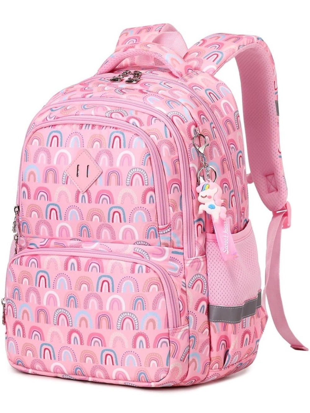 Kids Rainbow Pattern Pink Backpack with Unicorn Charm W